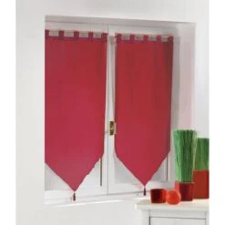 Paire De Vitrages Transparent, Pompons Rouge L.120 X H.60 Cm